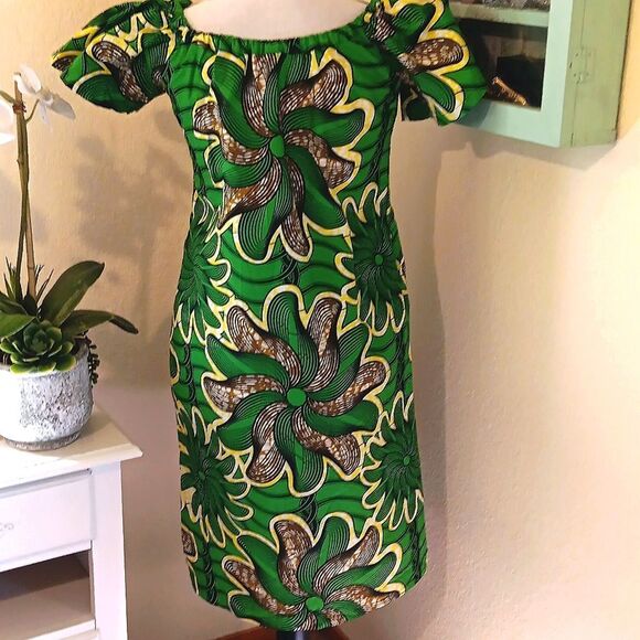 African Wax Print Green Floral Off-Shoulder Dress Handmade One of A Kind - Picture 6 of 11